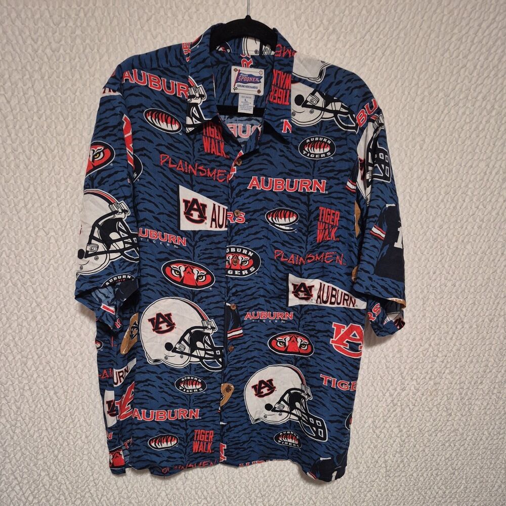 Reyn Spooner Auburn Tigers Shirt Mens sz L Blue Rayon Button Down NCAA Gameday